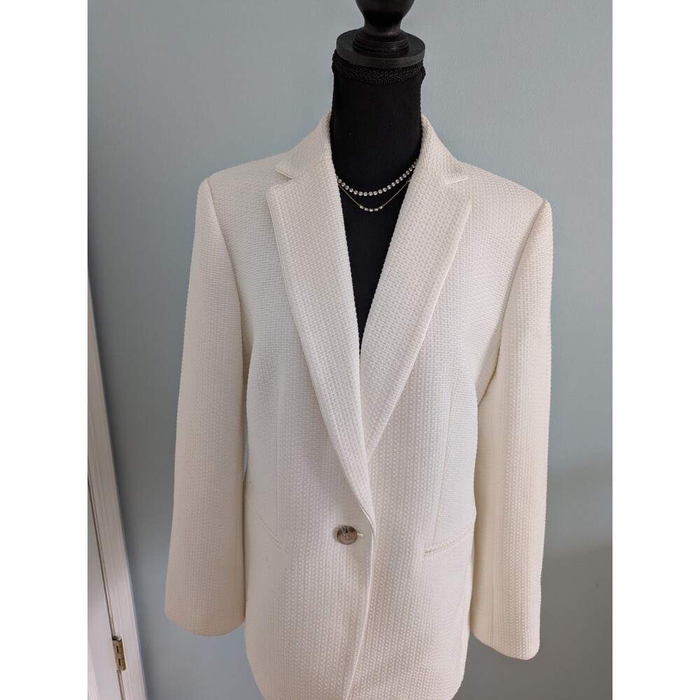 Ann Taylor Blazer Women 12 Ivory Single Breasted Lined Waffleweave Old Money New - Picture 2 of 14